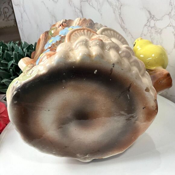 Vintage ceramic planter forest theme mushrooms birds textured tree stump so cute - Picture 7 of 7